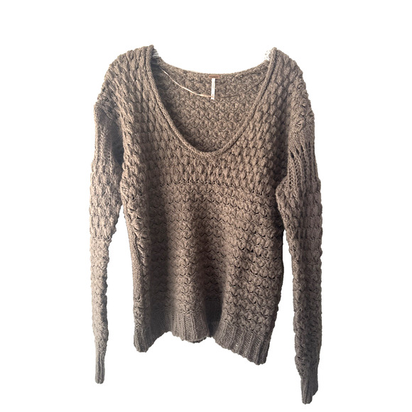 Free People Sweater Crashing Waves Wool Blend Chunky Open Knit Cocoa Size XS - Picture 2 of 13